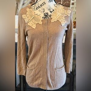 Karen Nicole Butterfly Cardigan Tan Fall Pockets Lambs Wool Angora Cashmere S